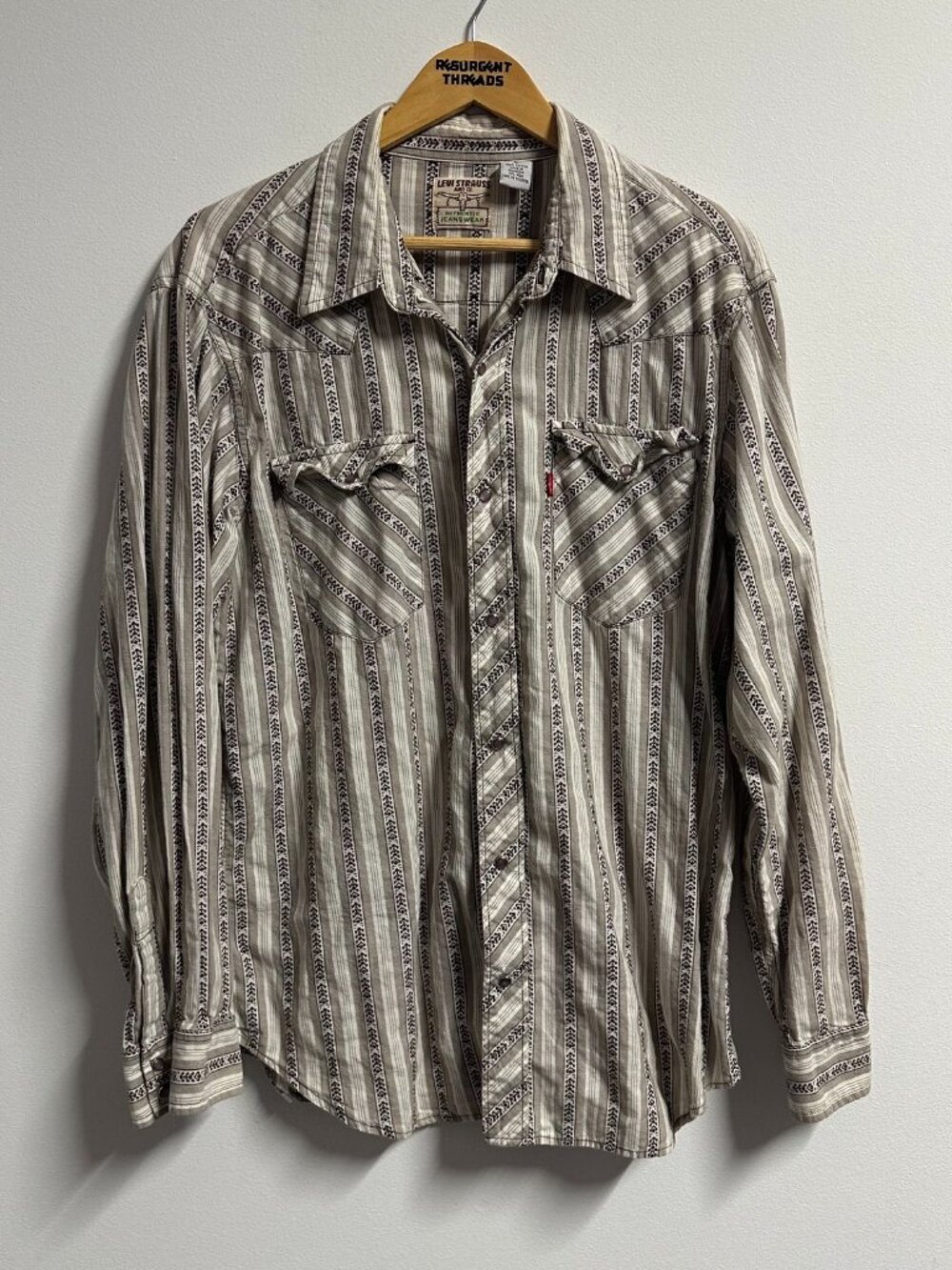 Vintage Levis Western Wear Pearl Snap Button Up Shirt Beige Mens Large